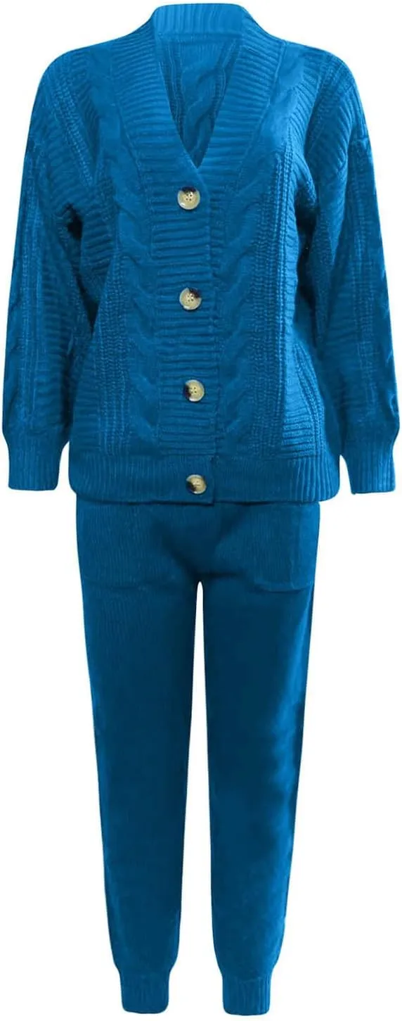 MINzYI Womens Sweaters 2 Piece Outfits Button down V Neck Long Sleeve Knit Cardigans Tight Pant Casual Comfy Soft Lounge Sets
