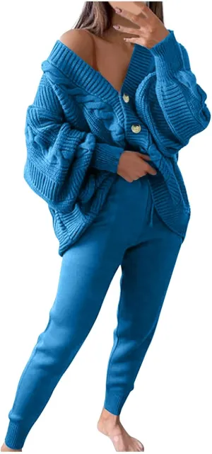 MINzYI Womens Sweaters 2 Piece Outfits Button down V Neck Long Sleeve Knit Cardigans Tight Pant Casual Comfy Soft Lounge Sets