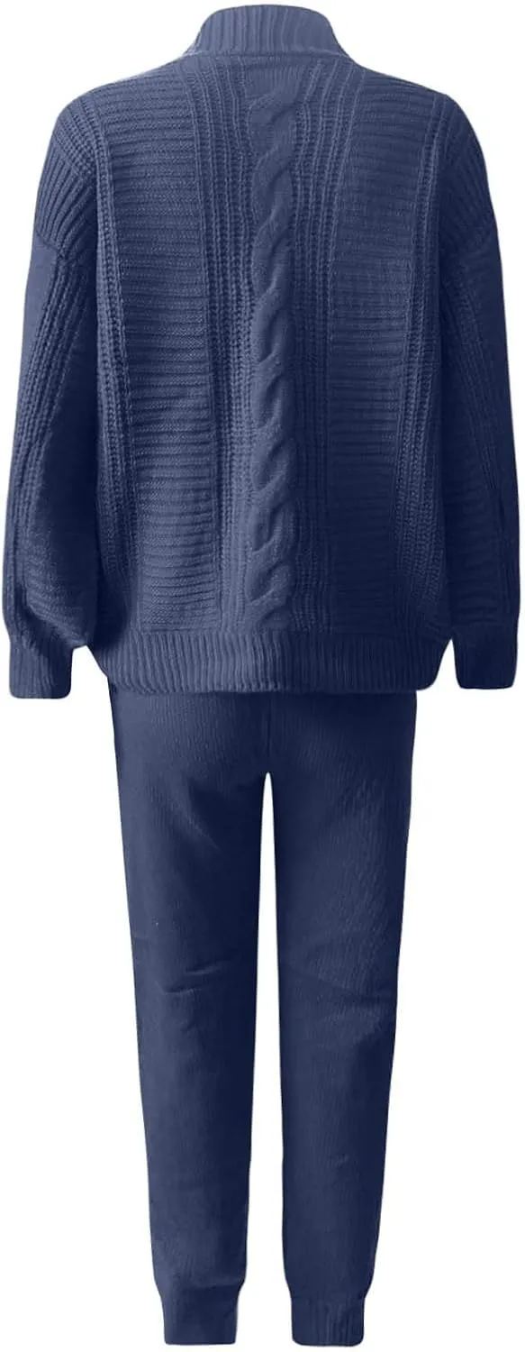 MINzYI Womens Sweaters 2 Piece Outfits Button down V Neck Long Sleeve Knit Cardigans Tight Pant Casual Comfy Soft Lounge Sets