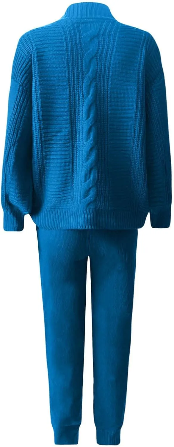 MINzYI Womens Sweaters 2 Piece Outfits Button down V Neck Long Sleeve Knit Cardigans Tight Pant Casual Comfy Soft Lounge Sets
