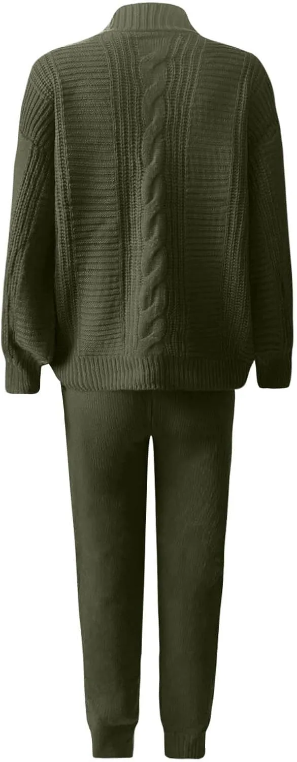 MINzYI Womens Sweaters 2 Piece Outfits Button down V Neck Long Sleeve Knit Cardigans Tight Pant Casual Comfy Soft Lounge Sets