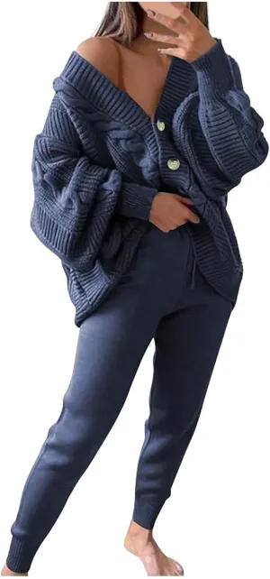 MINzYI Womens Sweaters 2 Piece Outfits Button down V Neck Long Sleeve Knit Cardigans Tight Pant Casual Comfy Soft Lounge Sets