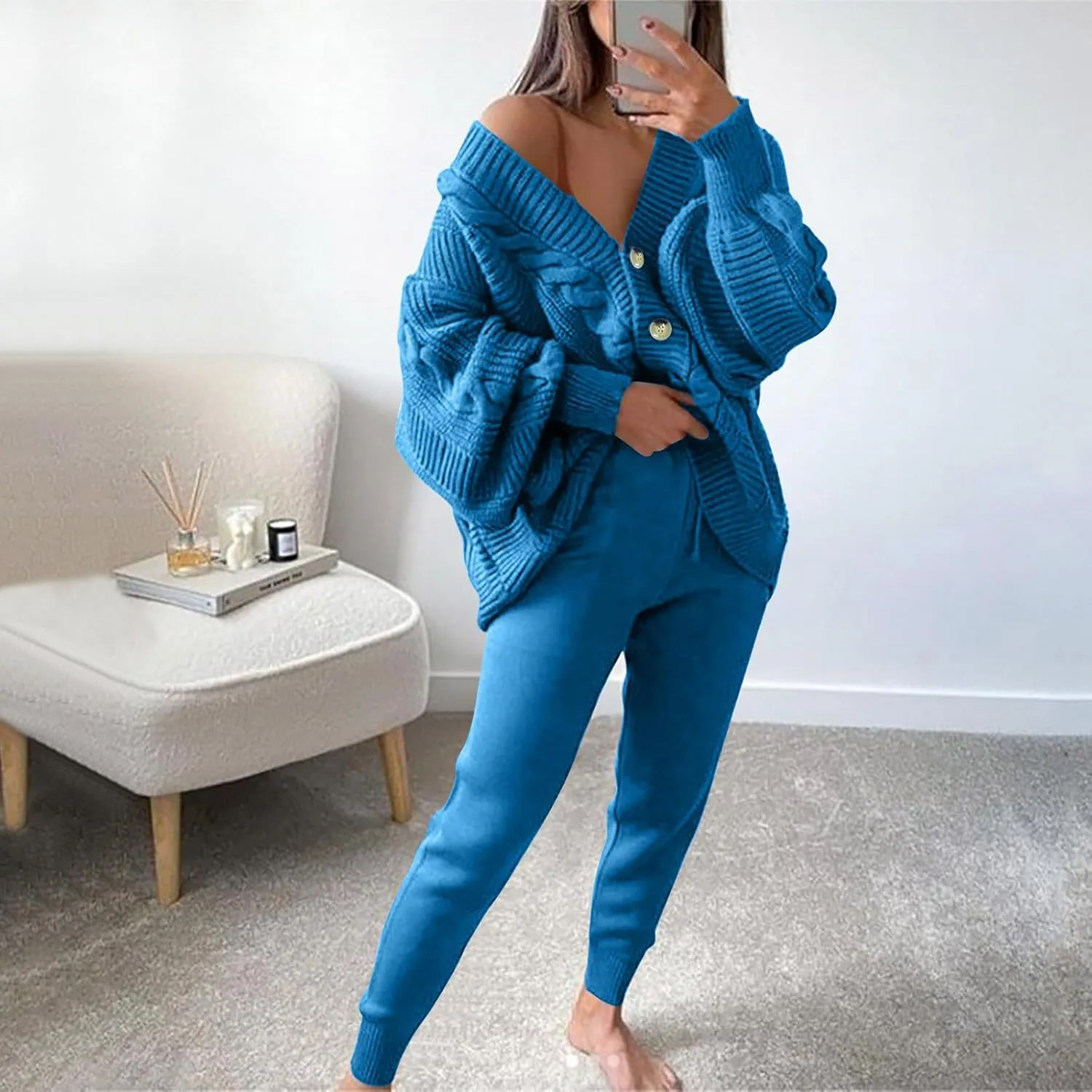 MINzYI Womens Sweaters 2 Piece Outfits Button down V Neck Long Sleeve Knit Cardigans Tight Pant Casual Comfy Soft Lounge Sets