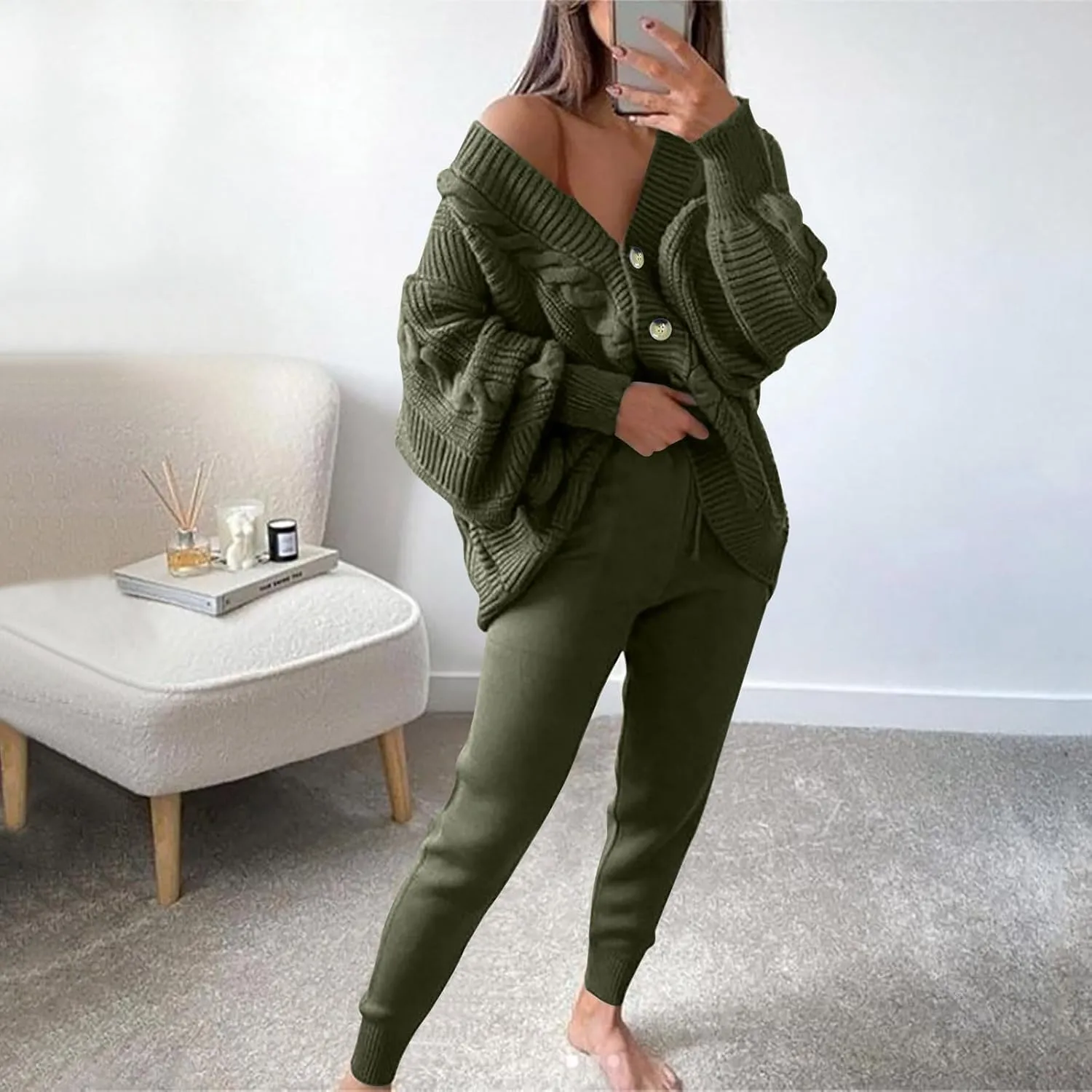 MINzYI Womens Sweaters 2 Piece Outfits Button down V Neck Long Sleeve Knit Cardigans Tight Pant Casual Comfy Soft Lounge Sets