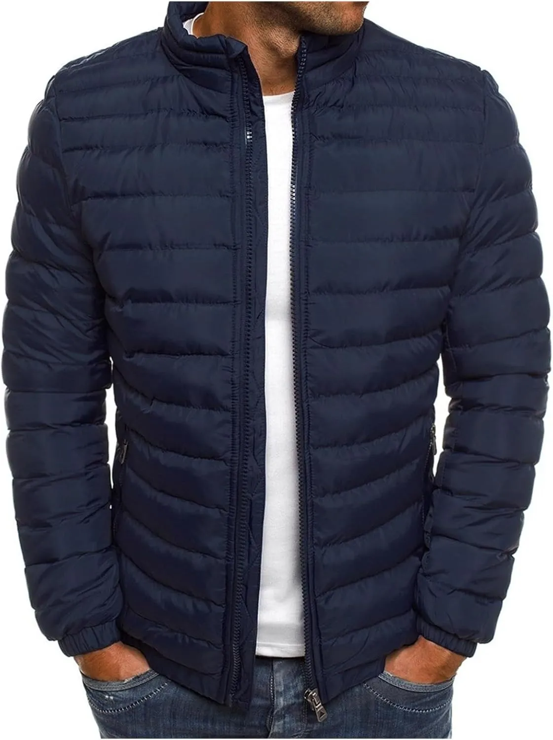 Mmoneyake Men's Down Puffer Jacket Lightweight Packable Outerwear Solid Color Zip Up Warm Cozy Coats Quilted Padded Jacket
