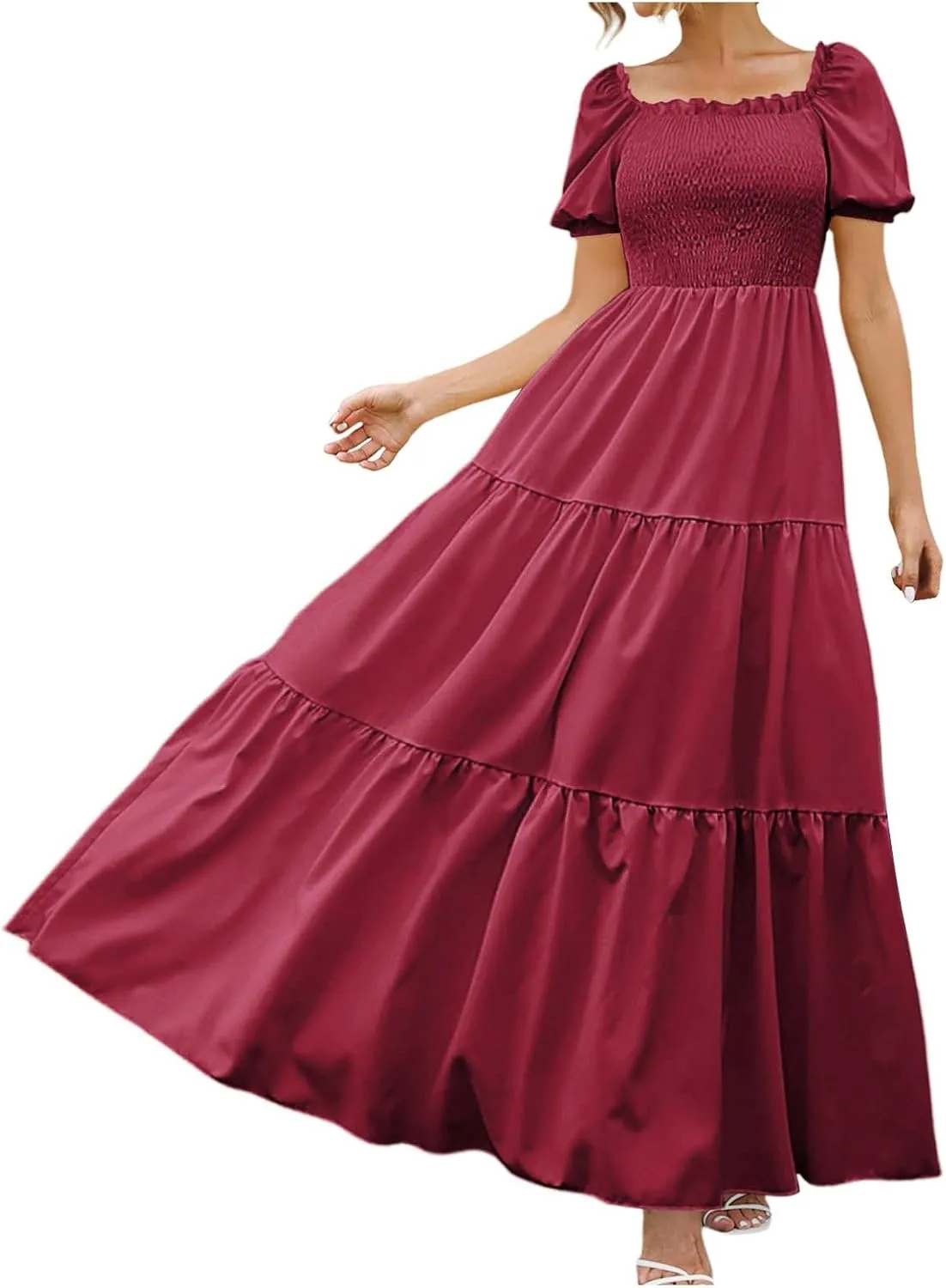 Modest Dresses for Women Flowy Comfy Smocked Short Puff Sleeve Tiered Ruffle Swing Homecoming Dress Country Concert Outfits