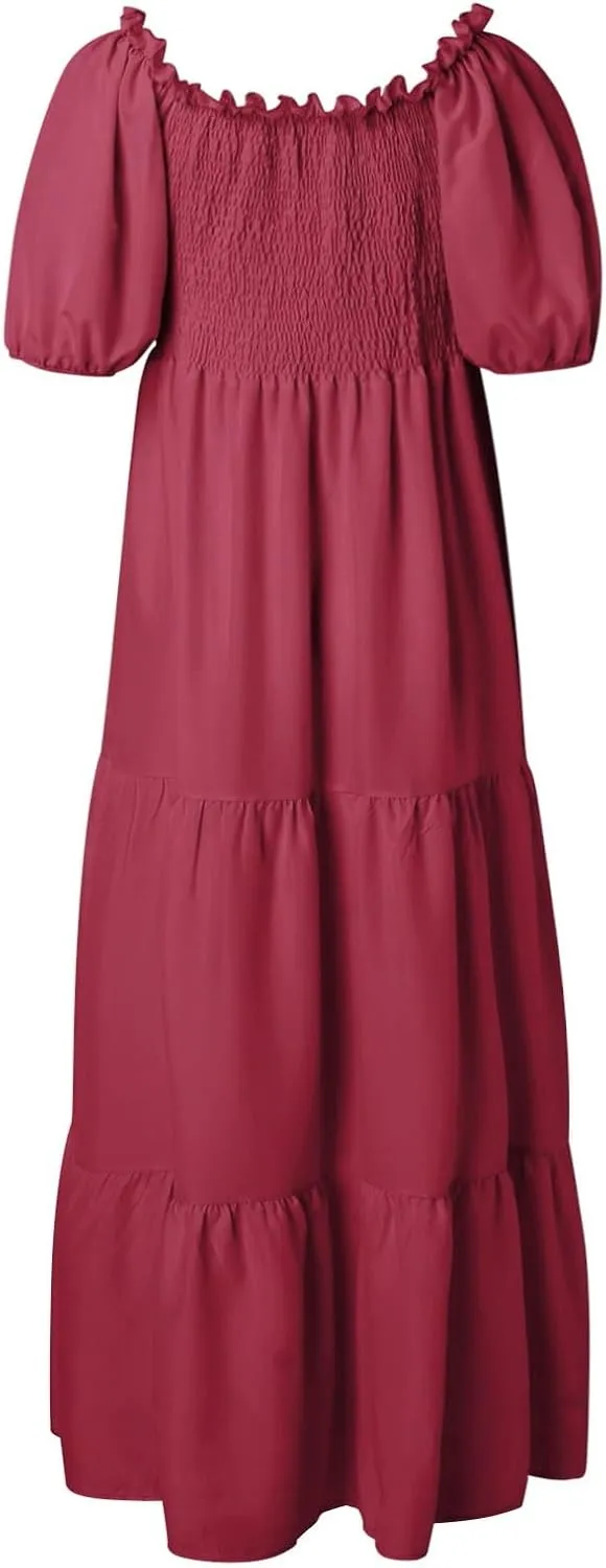 Modest Dresses for Women Flowy Comfy Smocked Short Puff Sleeve Tiered Ruffle Swing Homecoming Dress Country Concert Outfits