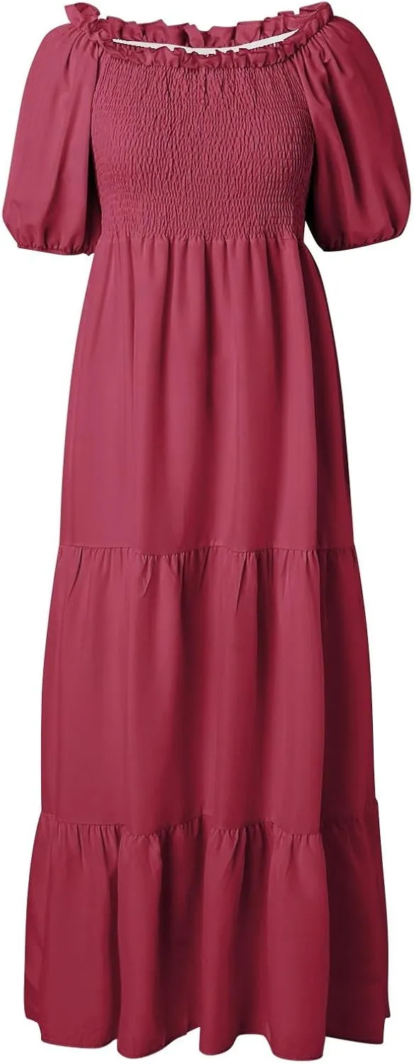 Modest Dresses for Women Flowy Comfy Smocked Short Puff Sleeve Tiered Ruffle Swing Homecoming Dress Country Concert Outfits