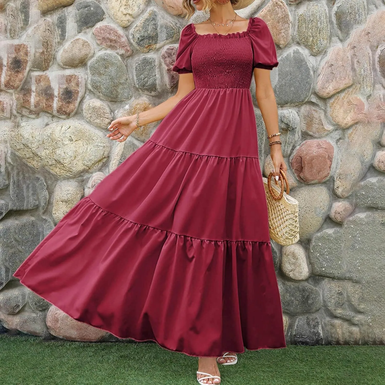 Modest Dresses for Women Flowy Comfy Smocked Short Puff Sleeve Tiered Ruffle Swing Homecoming Dress Country Concert Outfits