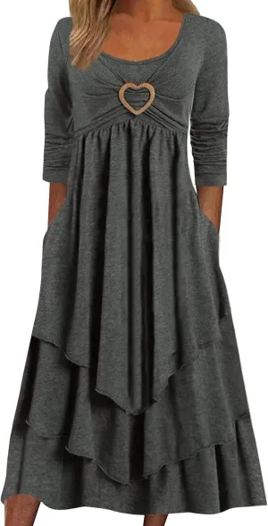 Mother of The Bride Dresses for Women Casual Layered Tiered Pleated Long Sleeve Crew Neck Business Work Dress Wedding Party