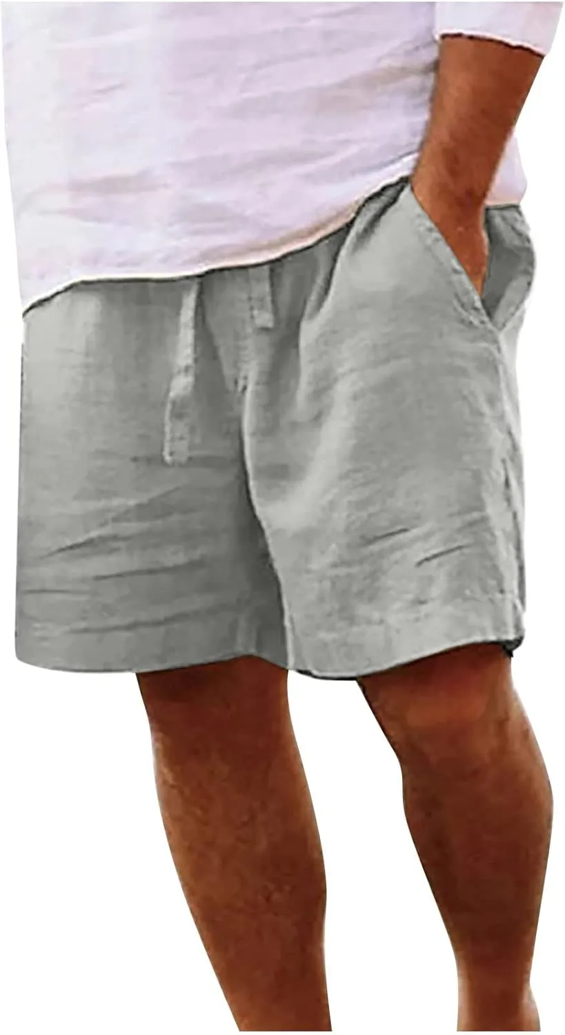Muscularfit Men Linen Shorts Elastic Waist Drawstring Cotton Linen Shorts with Pockets Loose Fit Outdoor Summer Beach Shorts
