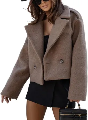 Mywinway Wool Cropped Trench Coat for Women Fall Winter Wool Pea Coat Double Breasted Blazer Jackets Fashion Coat