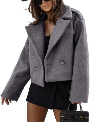 Mywinway Wool Cropped Trench Coat for Women Fall Winter Wool Pea Coat Double Breasted Blazer Jackets Fashion Coat