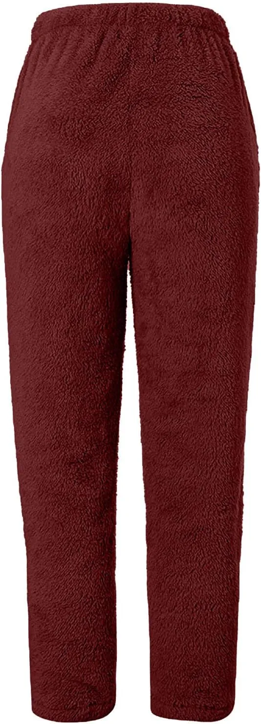 NaRHbrg Women's Fuzzy Lounge Pants Casual Pajamas Pure Color Fleece Long Pants Comfy Fluffy Loungewear Bottoms Sleepwear