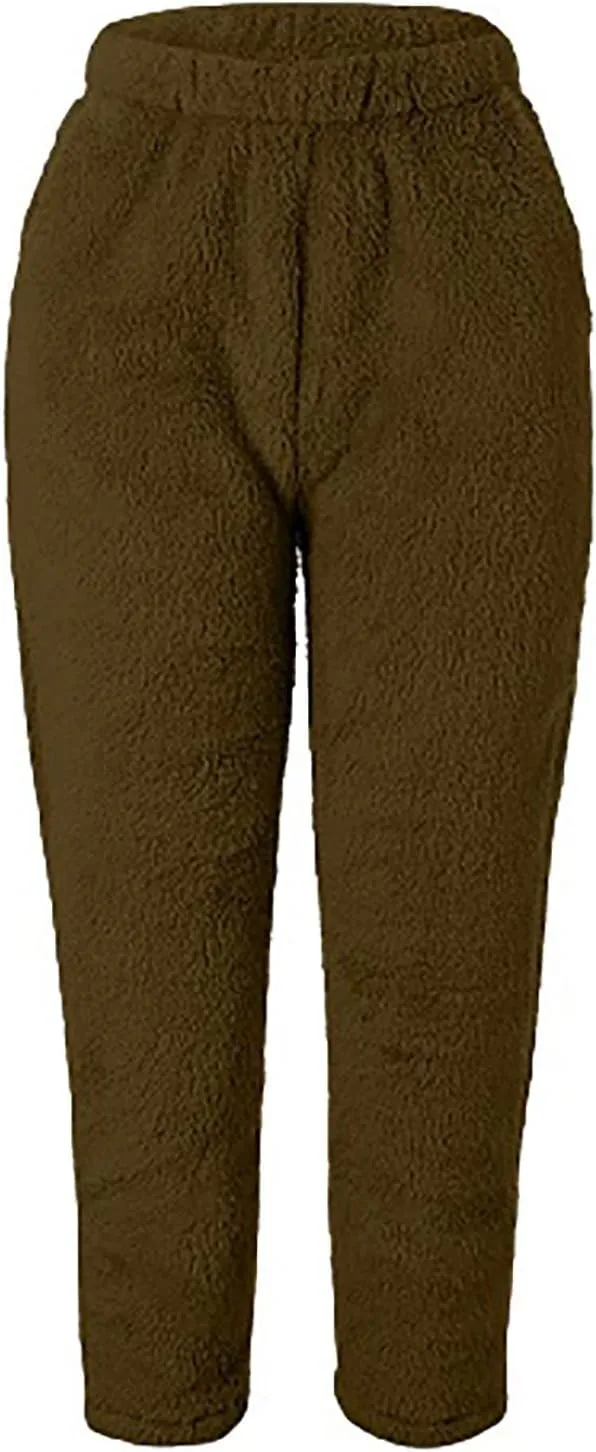 NaRHbrg Women's Fuzzy Lounge Pants Casual Pajamas Pure Color Fleece Long Pants Comfy Fluffy Loungewear Bottoms Sleepwear