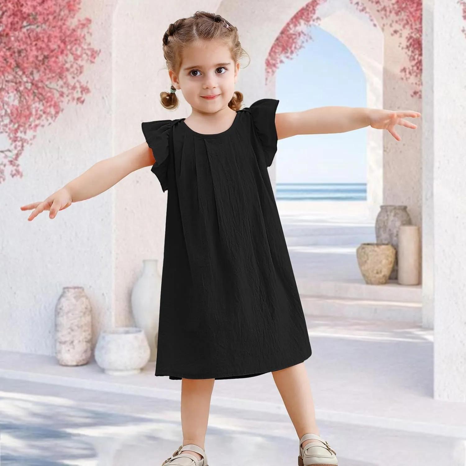Neutocd Infant Baby Girl Cotton Linen Ruffle Sleeveless Cute Toddler Dress Casual Back Button Closure Summer Party Sundress