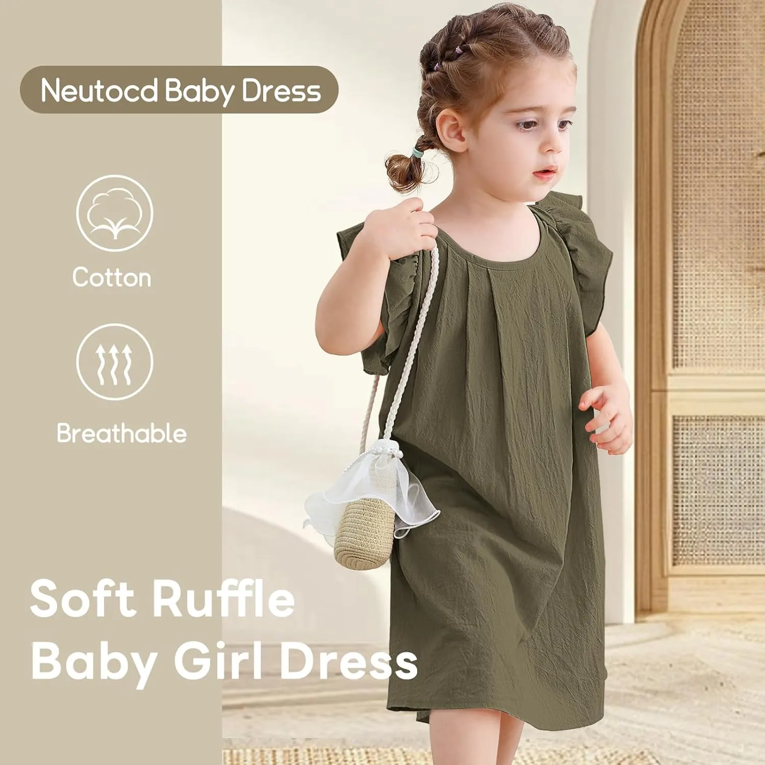 Neutocd Infant Baby Girl Cotton Linen Ruffle Sleeveless Cute Toddler Dress Casual Back Button Closure Summer Party Sundress