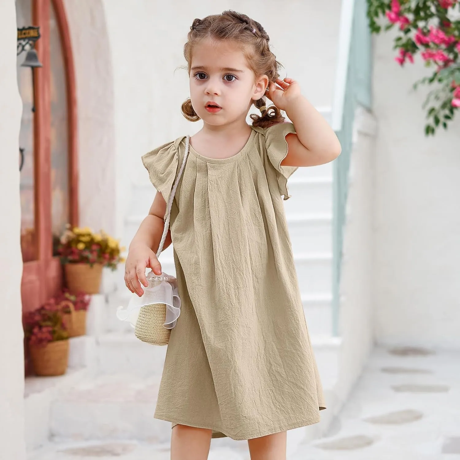 Neutocd Infant Baby Girl Cotton Linen Ruffle Sleeveless Cute Toddler Dress Casual Back Button Closure Summer Party Sundress