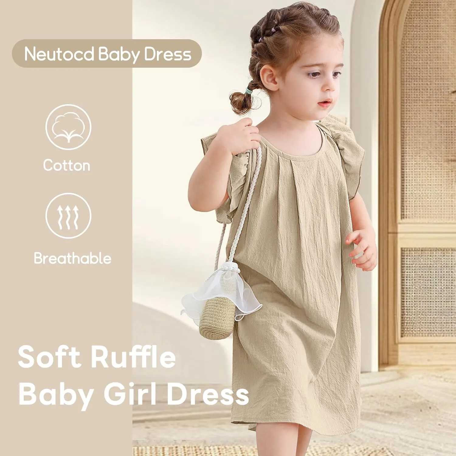 Neutocd Infant Baby Girl Cotton Linen Ruffle Sleeveless Cute Toddler Dress Casual Back Button Closure Summer Party Sundress