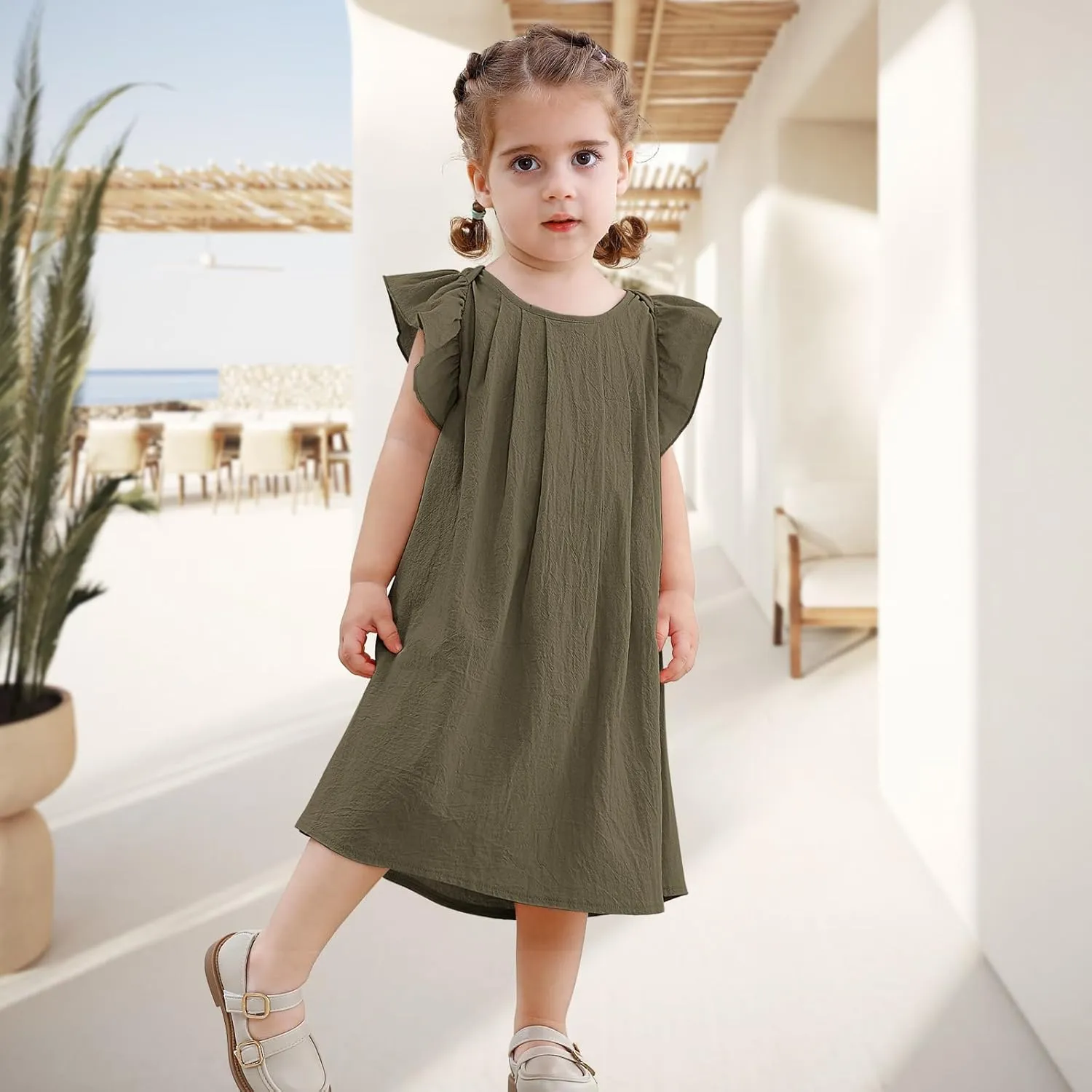 Neutocd Infant Baby Girl Cotton Linen Ruffle Sleeveless Cute Toddler Dress Casual Back Button Closure Summer Party Sundress