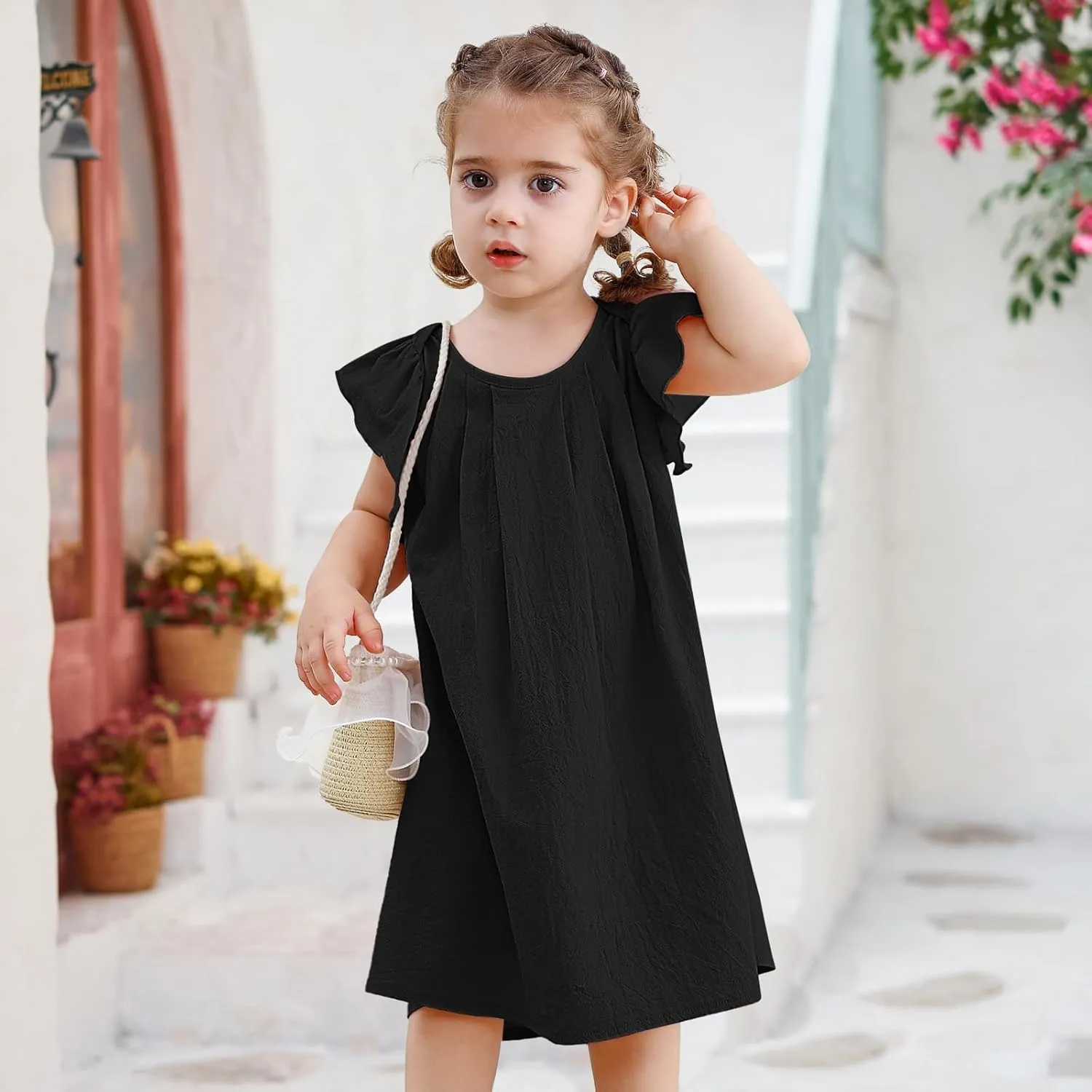 Neutocd Infant Baby Girl Cotton Linen Ruffle Sleeveless Cute Toddler Dress Casual Back Button Closure Summer Party Sundress