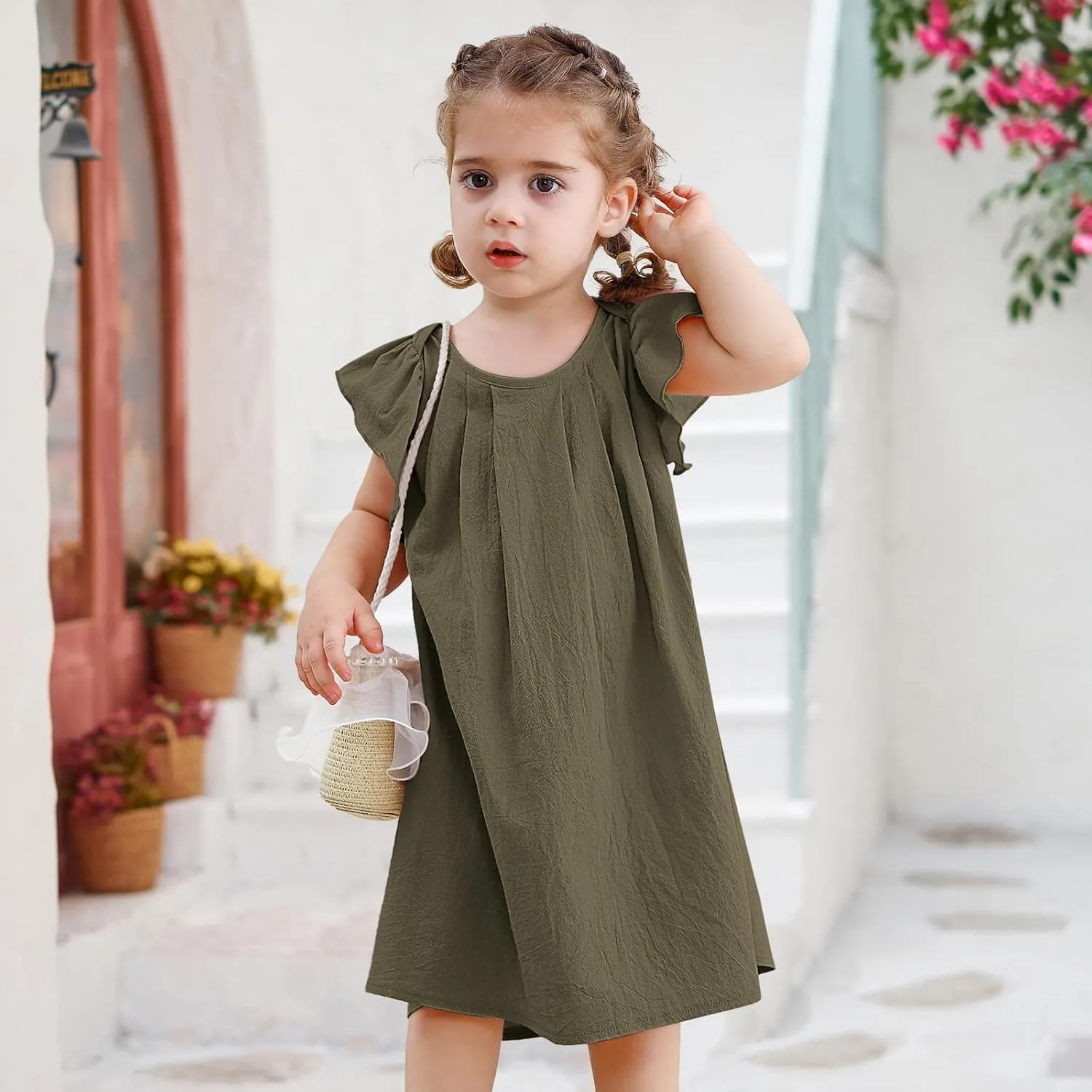 Neutocd Infant Baby Girl Cotton Linen Ruffle Sleeveless Cute Toddler Dress Casual Back Button Closure Summer Party Sundress