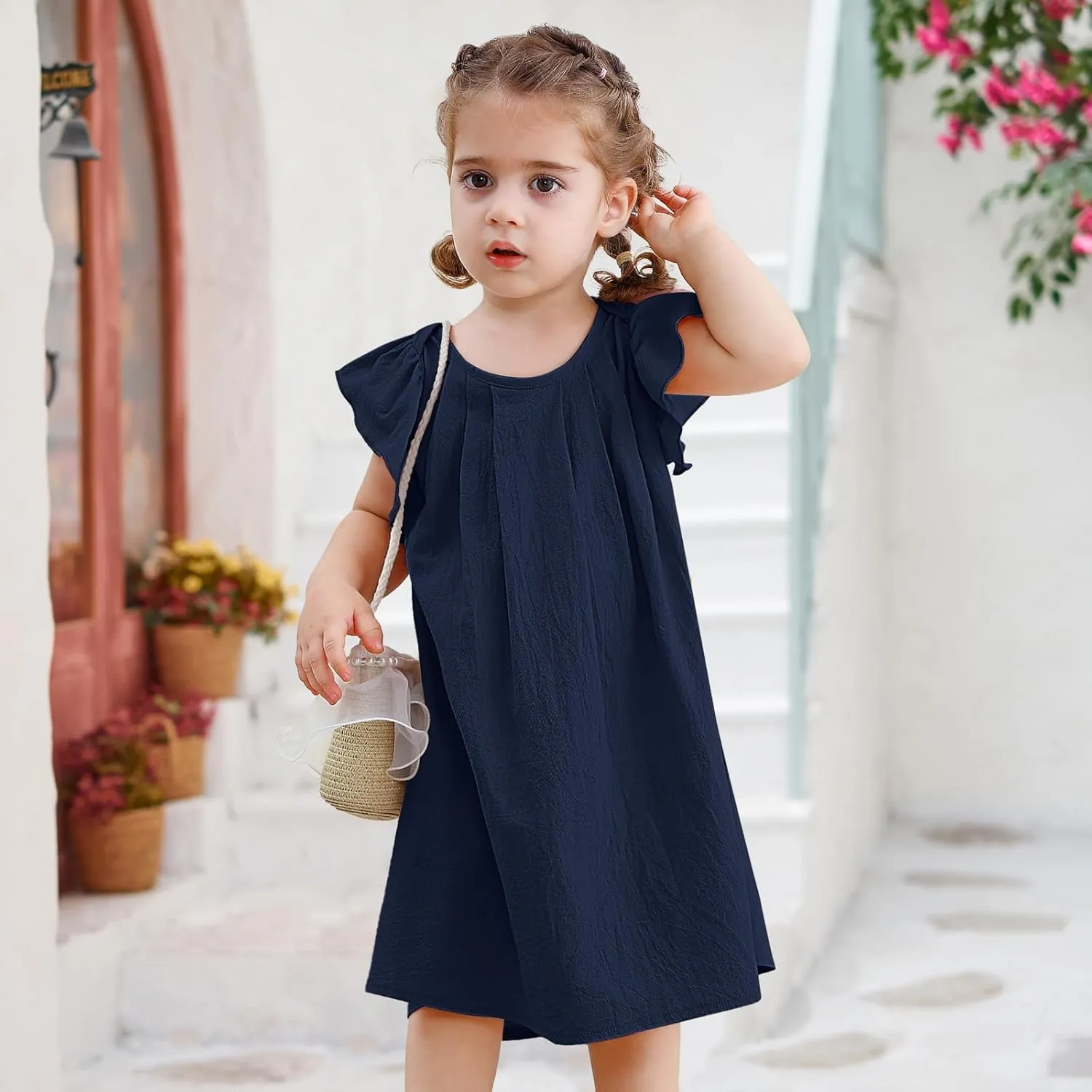 Neutocd Infant Baby Girl Cotton Linen Ruffle Sleeveless Cute Toddler Dress Casual Back Button Closure Summer Party Sundress