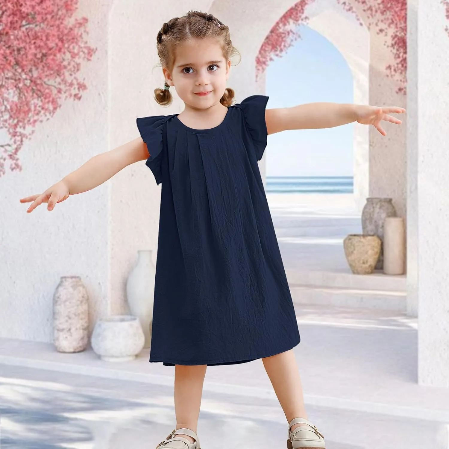 Neutocd Infant Baby Girl Cotton Linen Ruffle Sleeveless Cute Toddler Dress Casual Back Button Closure Summer Party Sundress