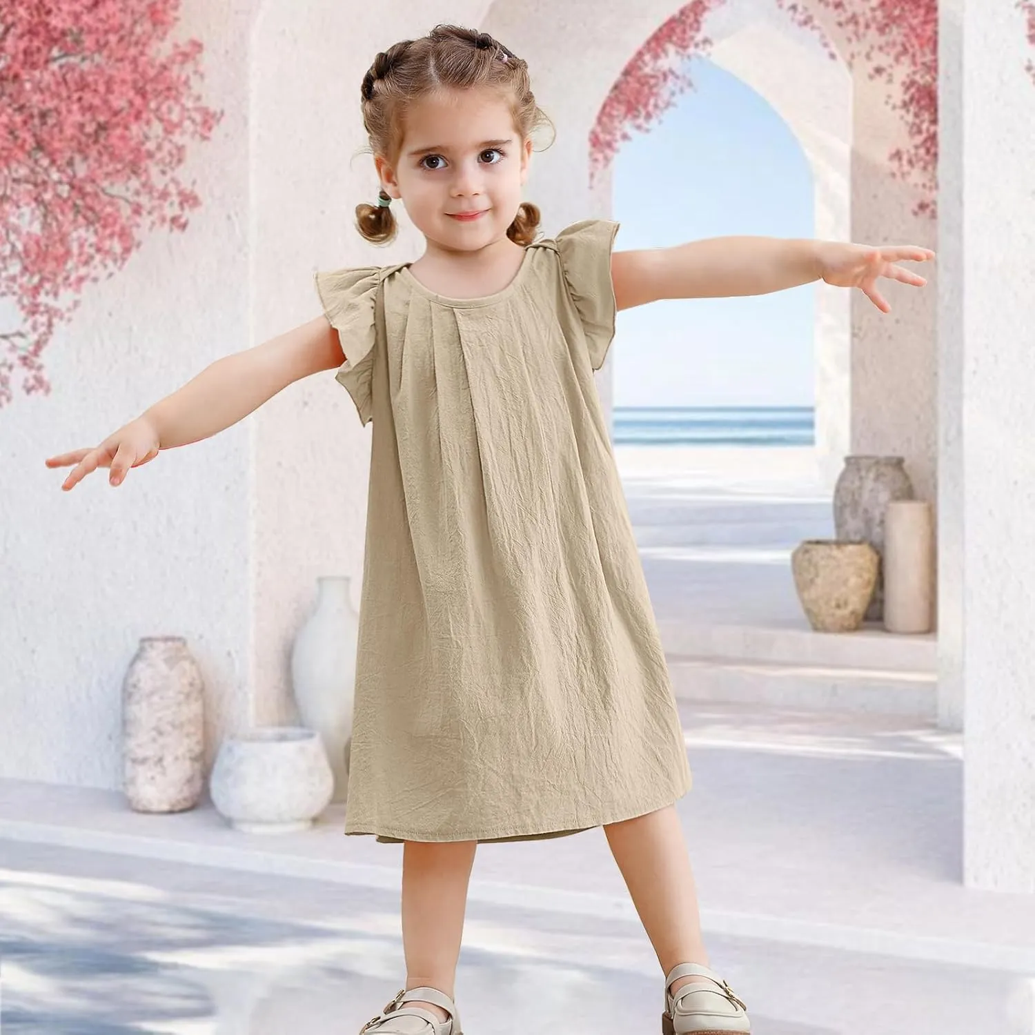 Neutocd Infant Baby Girl Cotton Linen Ruffle Sleeveless Cute Toddler Dress Casual Back Button Closure Summer Party Sundress