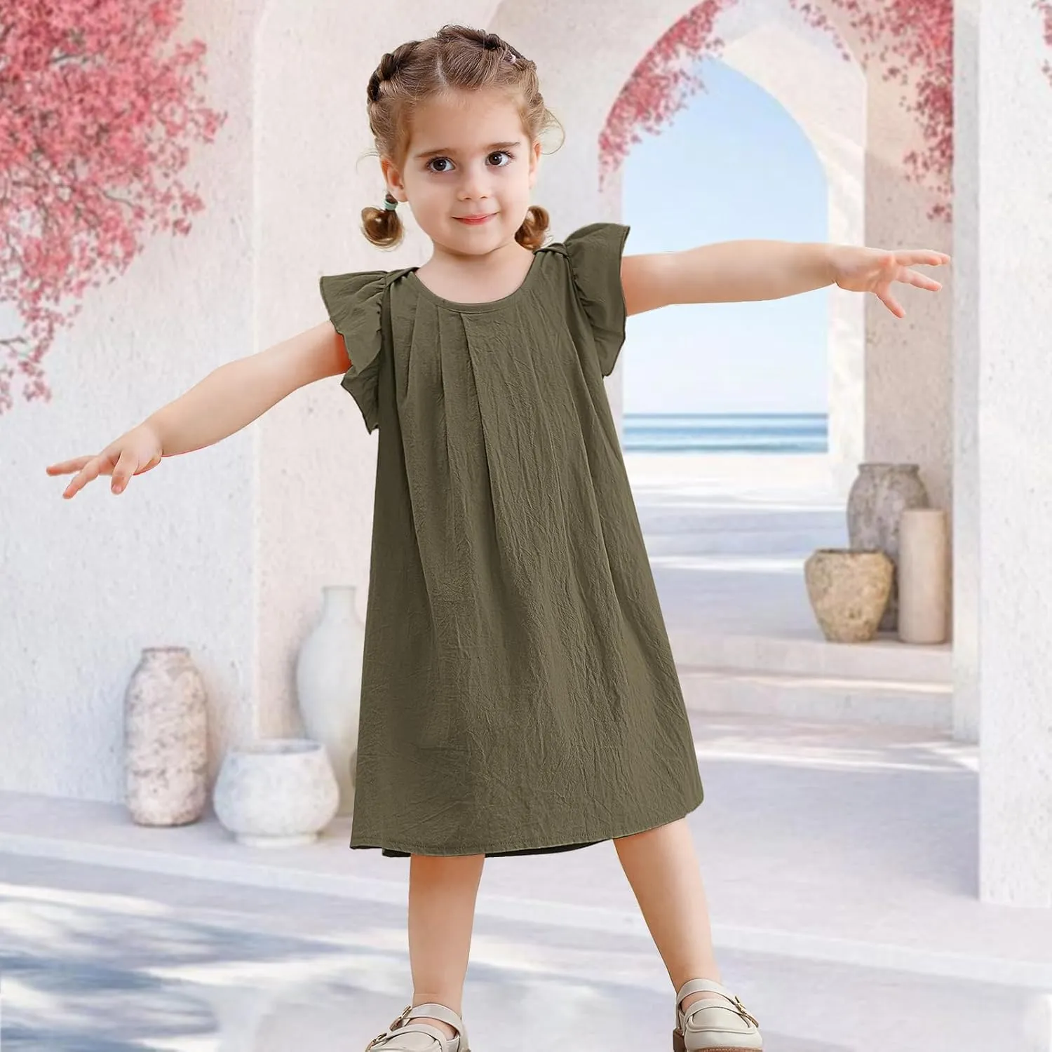 Neutocd Infant Baby Girl Cotton Linen Ruffle Sleeveless Cute Toddler Dress Casual Back Button Closure Summer Party Sundress
