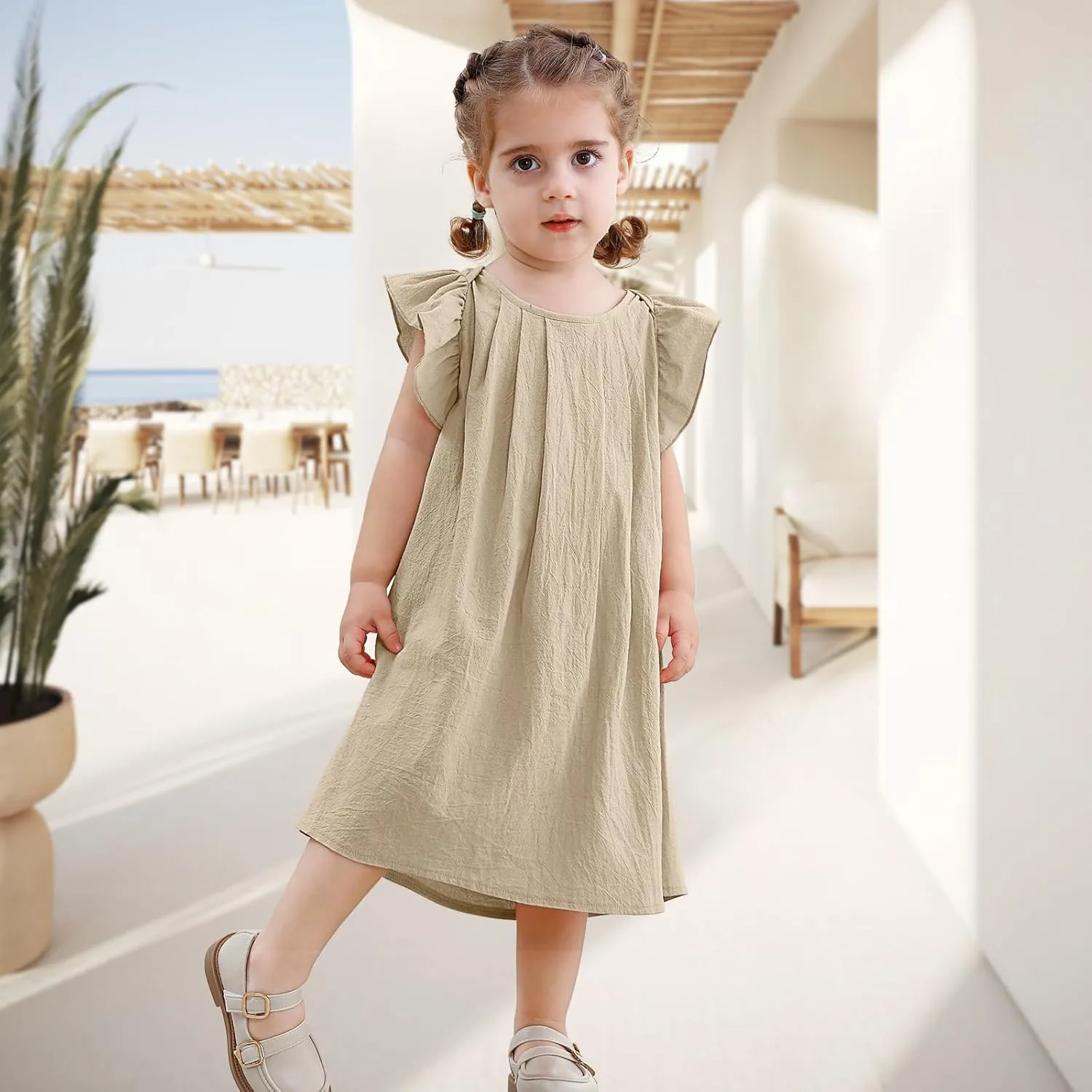 Neutocd Infant Baby Girl Cotton Linen Ruffle Sleeveless Cute Toddler Dress Casual Back Button Closure Summer Party Sundress