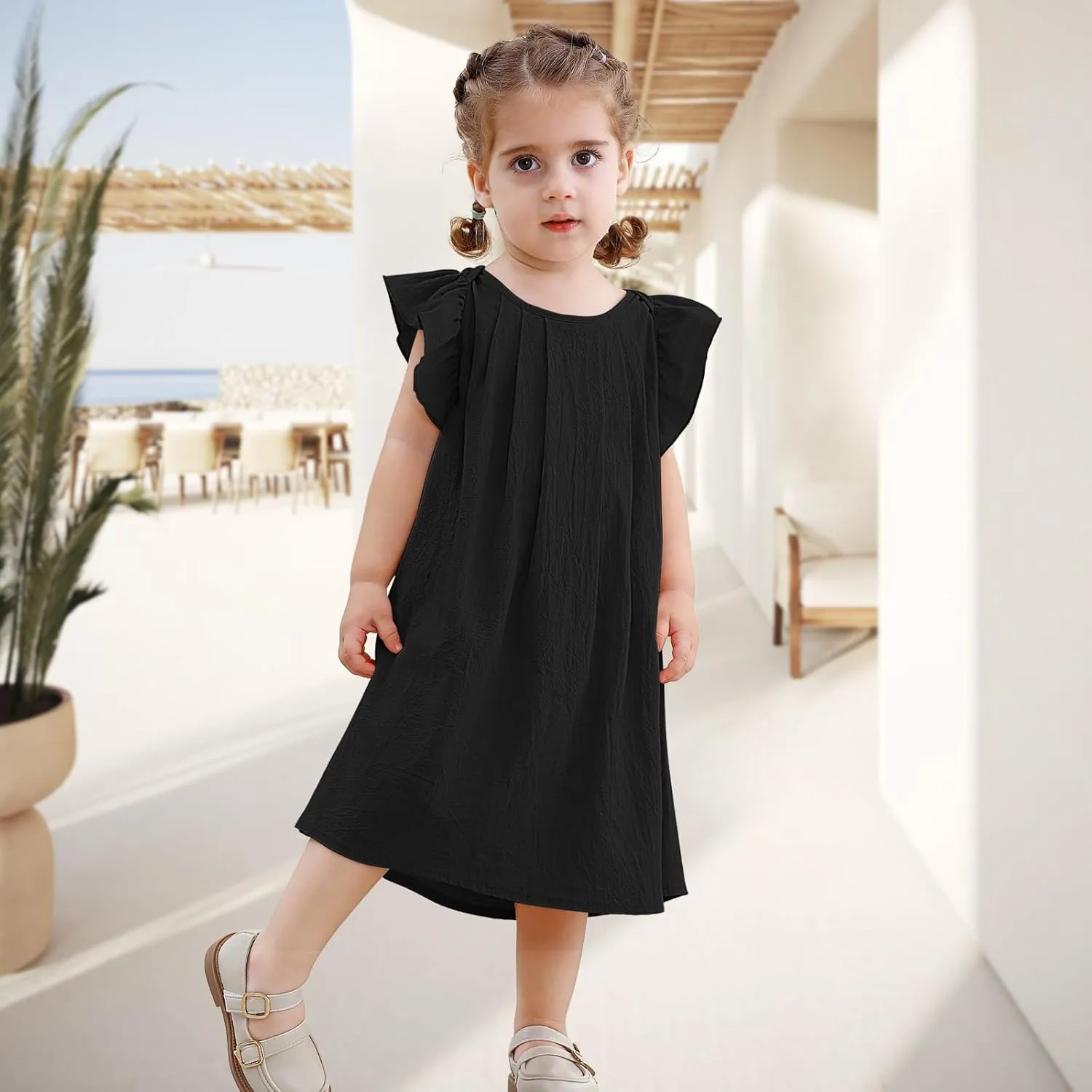 Neutocd Infant Baby Girl Cotton Linen Ruffle Sleeveless Cute Toddler Dress Casual Back Button Closure Summer Party Sundress