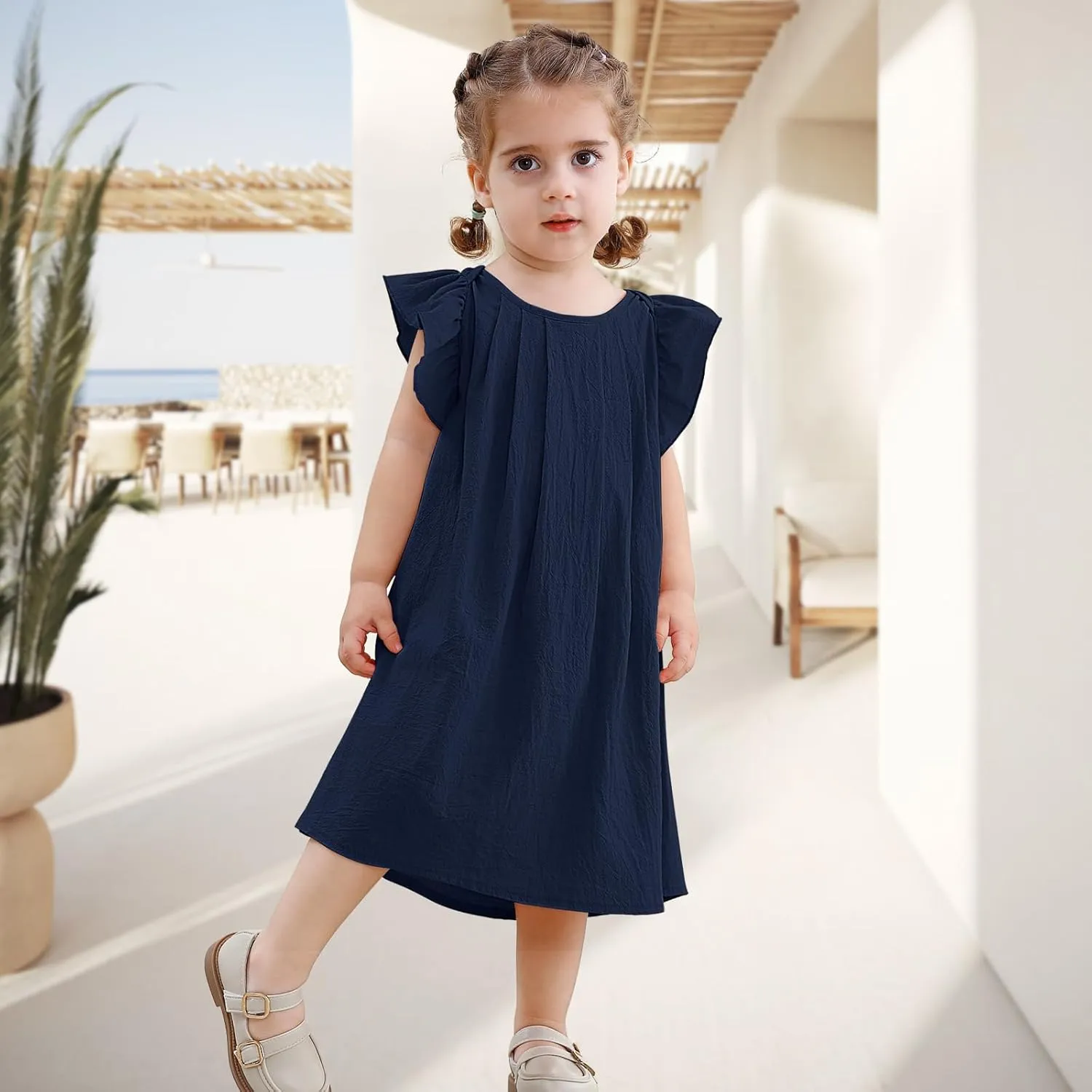Neutocd Infant Baby Girl Cotton Linen Ruffle Sleeveless Cute Toddler Dress Casual Back Button Closure Summer Party Sundress