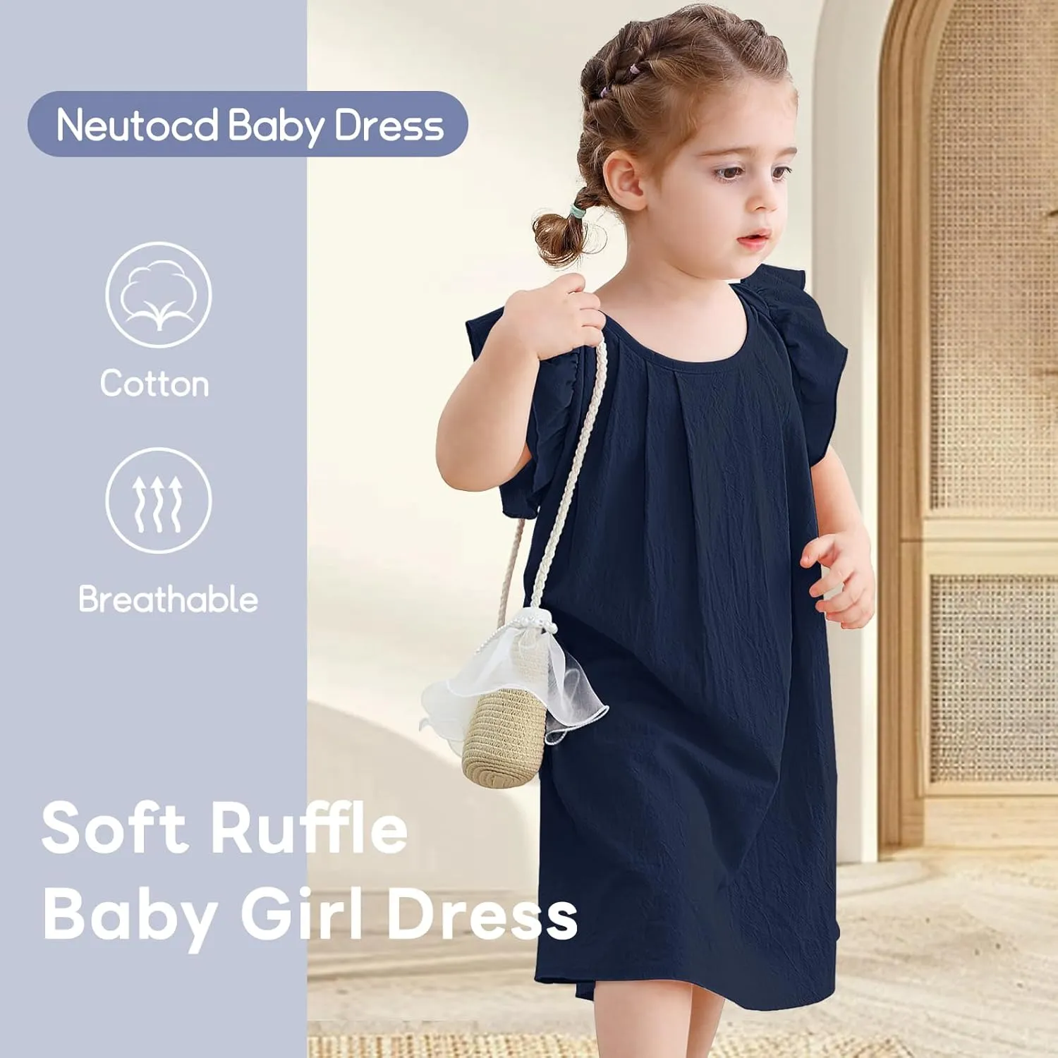 Neutocd Infant Baby Girl Cotton Linen Ruffle Sleeveless Cute Toddler Dress Casual Back Button Closure Summer Party Sundress
