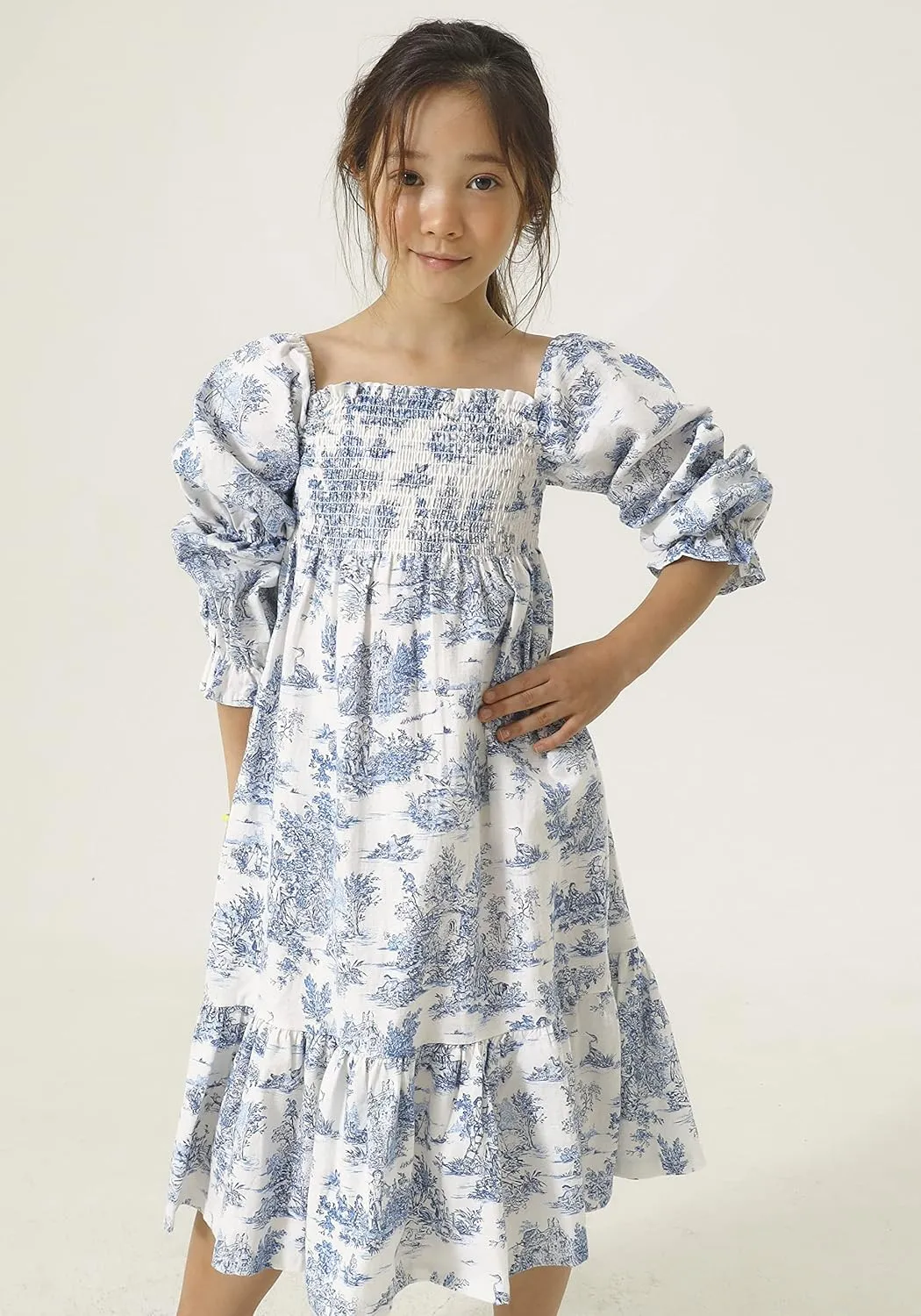 NOTHING FITS BUT Yuki Dress, Linen Cotton Long Puffed Sleeve Girls Dresses, Loose Casual Frock Ruffled Hem Dresses for Girls