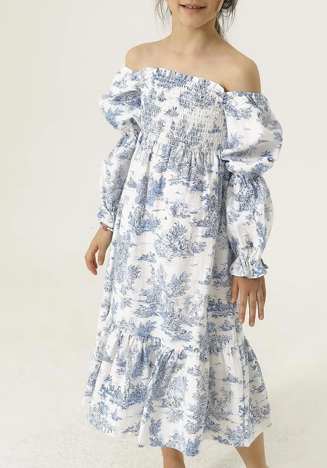 NOTHING FITS BUT Yuki Dress, Linen Cotton Long Puffed Sleeve Girls Dresses, Loose Casual Frock Ruffled Hem Dresses for Girls