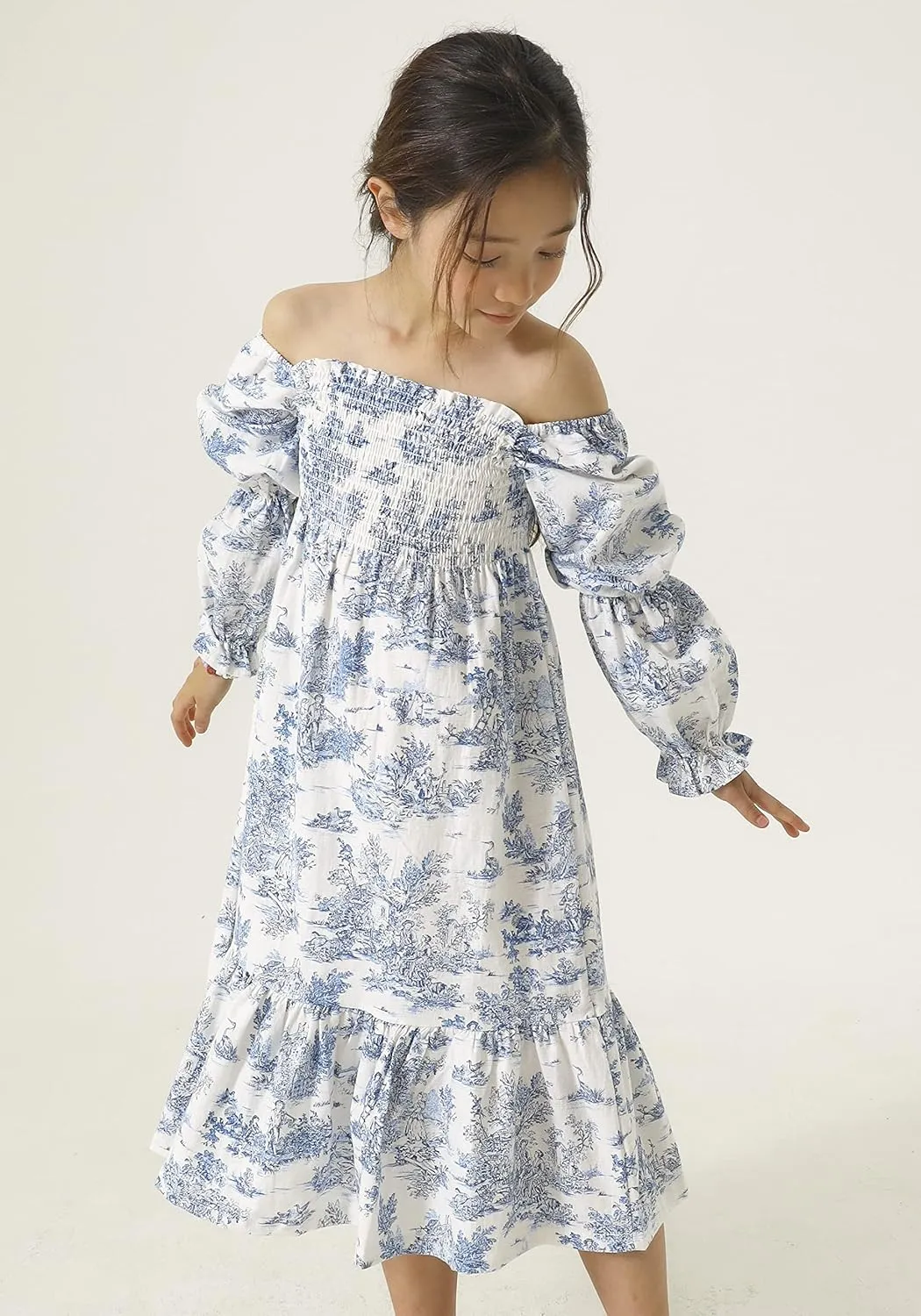 NOTHING FITS BUT Yuki Dress, Linen Cotton Long Puffed Sleeve Girls Dresses, Loose Casual Frock Ruffled Hem Dresses for Girls