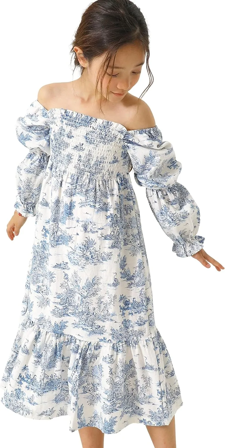 NOTHING FITS BUT Yuki Dress, Linen Cotton Long Puffed Sleeve Girls Dresses, Loose Casual Frock Ruffled Hem Dresses for Girls