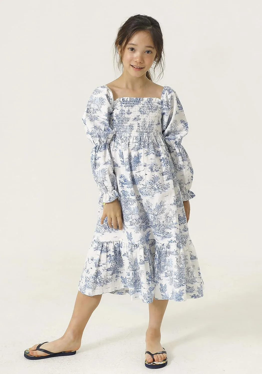 NOTHING FITS BUT Yuki Dress, Linen Cotton Long Puffed Sleeve Girls Dresses, Loose Casual Frock Ruffled Hem Dresses for Girls