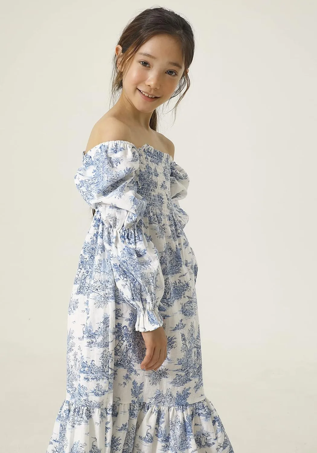 NOTHING FITS BUT Yuki Dress, Linen Cotton Long Puffed Sleeve Girls Dresses, Loose Casual Frock Ruffled Hem Dresses for Girls