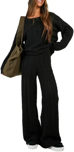NUFIWI Women Oversized Sweater 2 Piece Sets Long Sleeve Knit Pullover with Wide Leg Pants Fall Winter Lounge Wear Sweatsuits