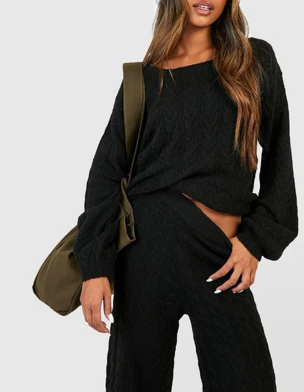 NUFIWI Women Oversized Sweater 2 Piece Sets Long Sleeve Knit Pullover with Wide Leg Pants Fall Winter Lounge Wear Sweatsuits