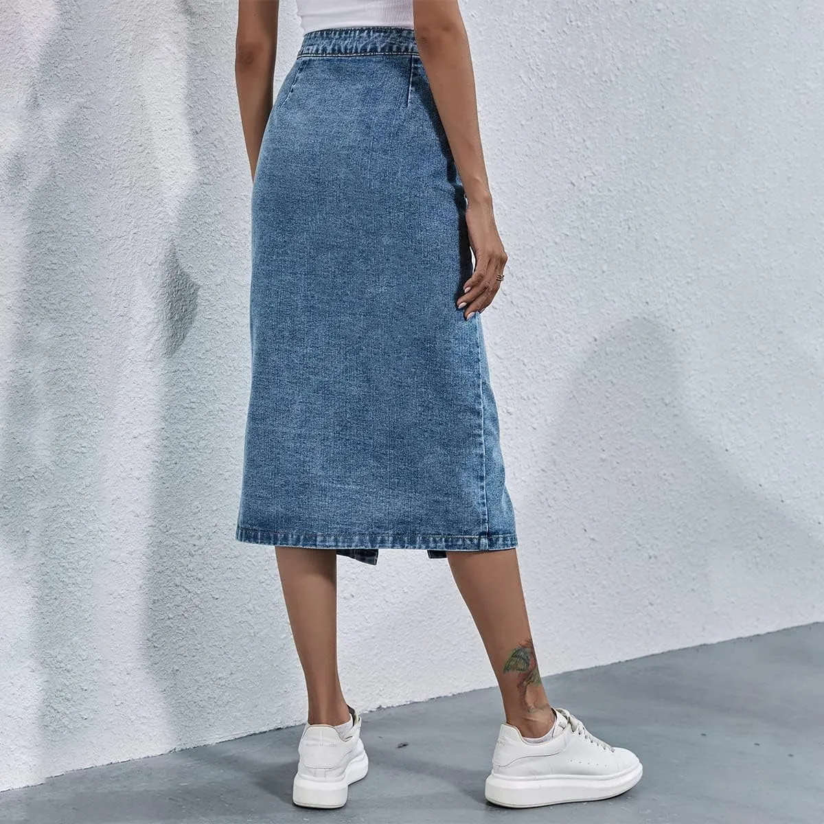 OBEEII Women's Denim Skirts Midi Length High Waist Button Split Hem Long Bodycon Pencil Skirt