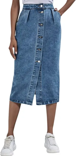 OBEEII Women's Denim Skirts Midi Length High Waist Button Split Hem Long Bodycon Pencil Skirt