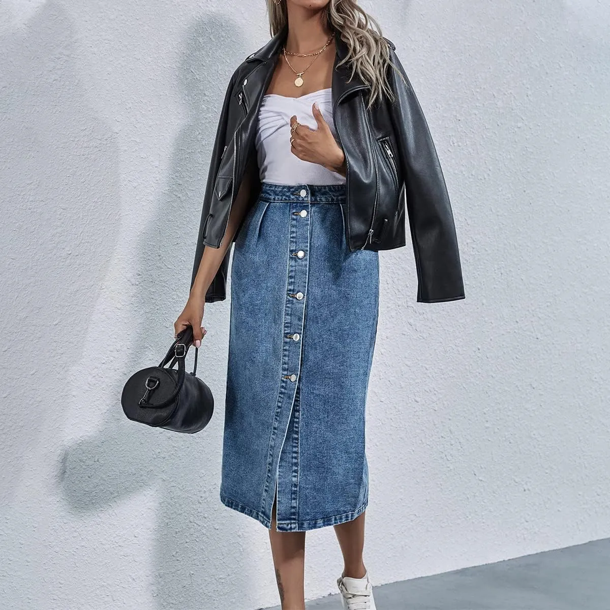 OBEEII Women's Denim Skirts Midi Length High Waist Button Split Hem Long Bodycon Pencil Skirt