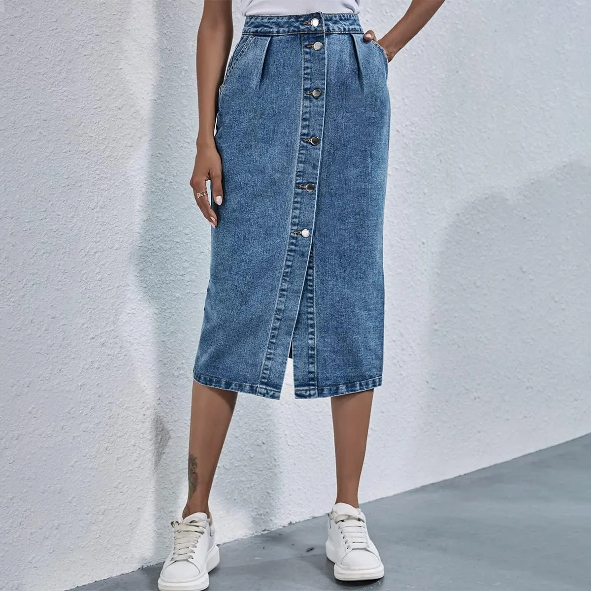 OBEEII Women's Denim Skirts Midi Length High Waist Button Split Hem Long Bodycon Pencil Skirt