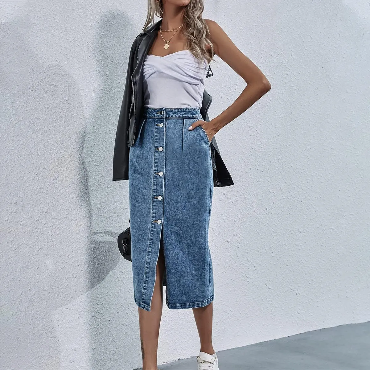 OBEEII Women's Denim Skirts Midi Length High Waist Button Split Hem Long Bodycon Pencil Skirt