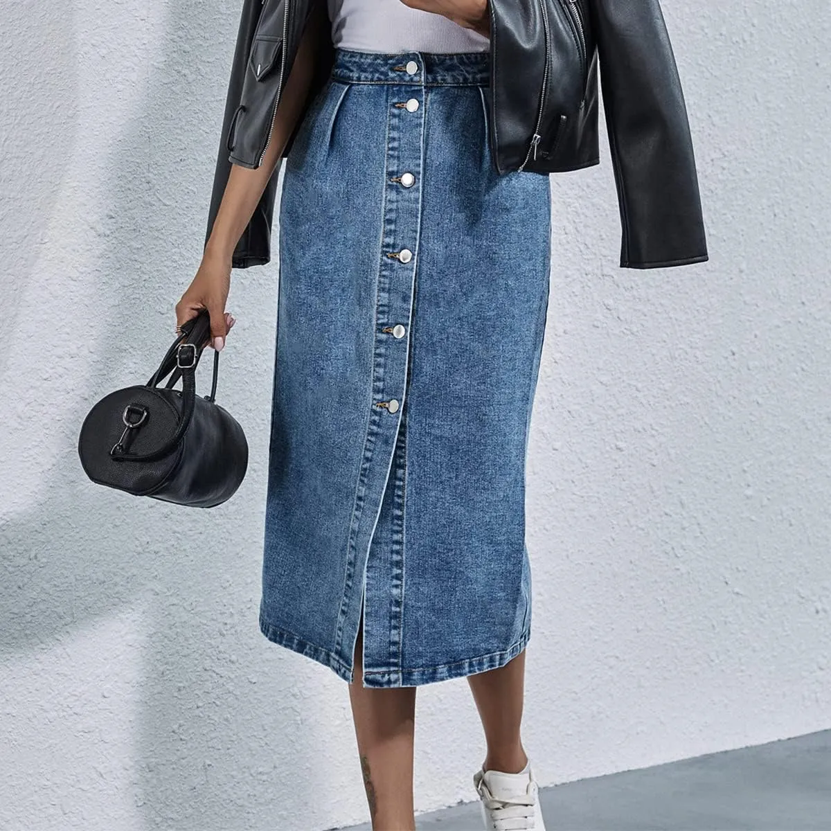 OBEEII Women's Denim Skirts Midi Length High Waist Button Split Hem Long Bodycon Pencil Skirt