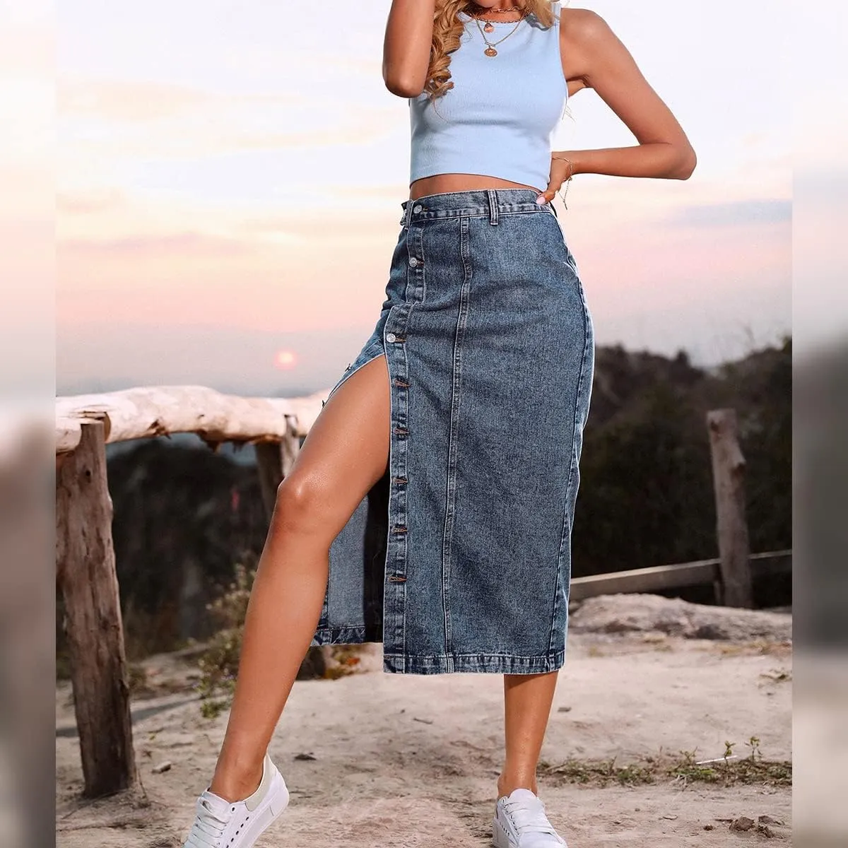 OBEEII Women's Denim Skirts Midi Length High Waist Button Split Hem Long Bodycon Pencil Skirt