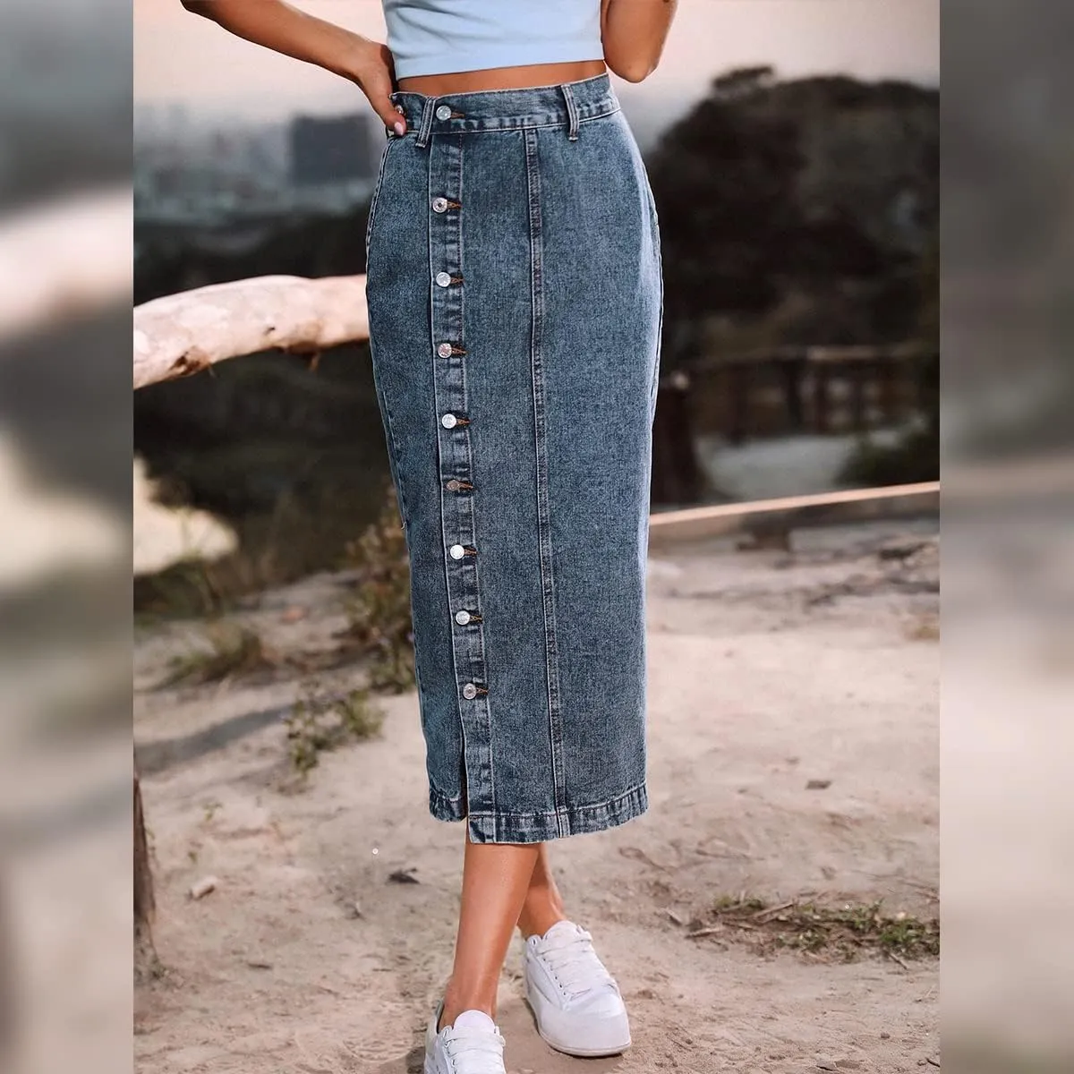 OBEEII Women's Denim Skirts Midi Length High Waist Button Split Hem Long Bodycon Pencil Skirt